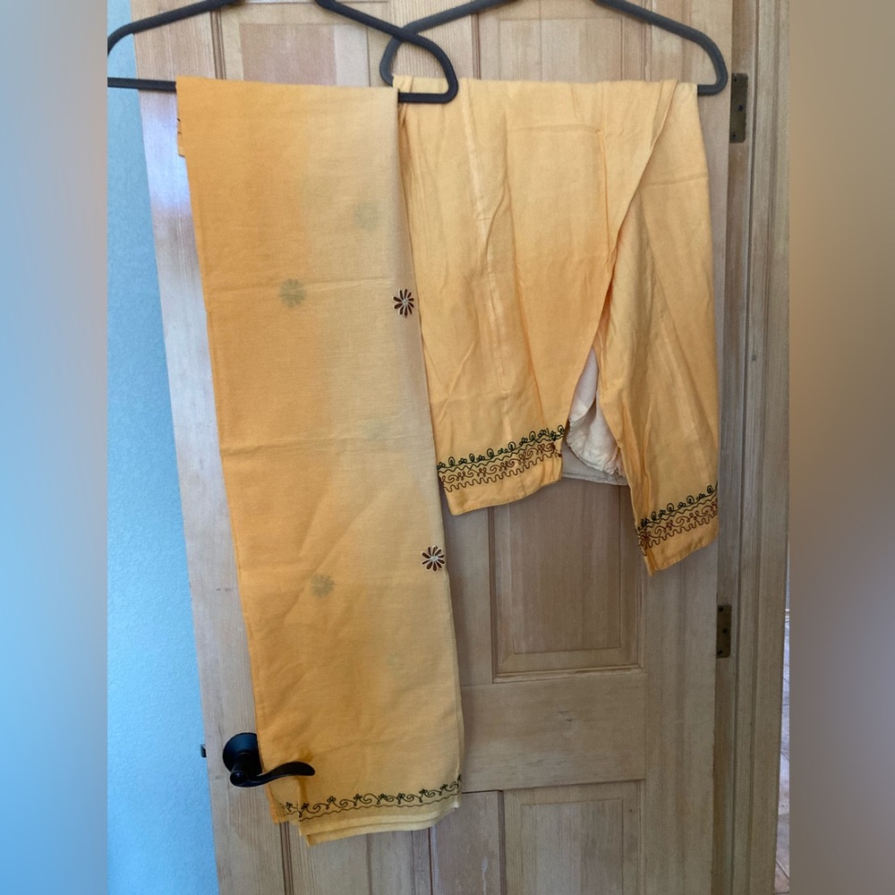 Yellow Embroidered Saree Sari - Pants and Scarf